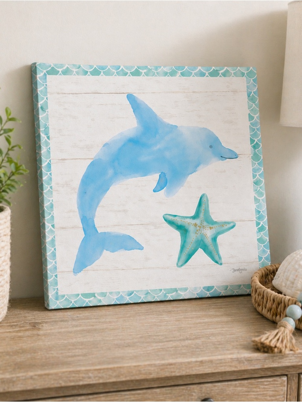 Coastal Dolphin Canvas Wall Art 16x16 Beach Nursery Decor Blue Aqua NEW